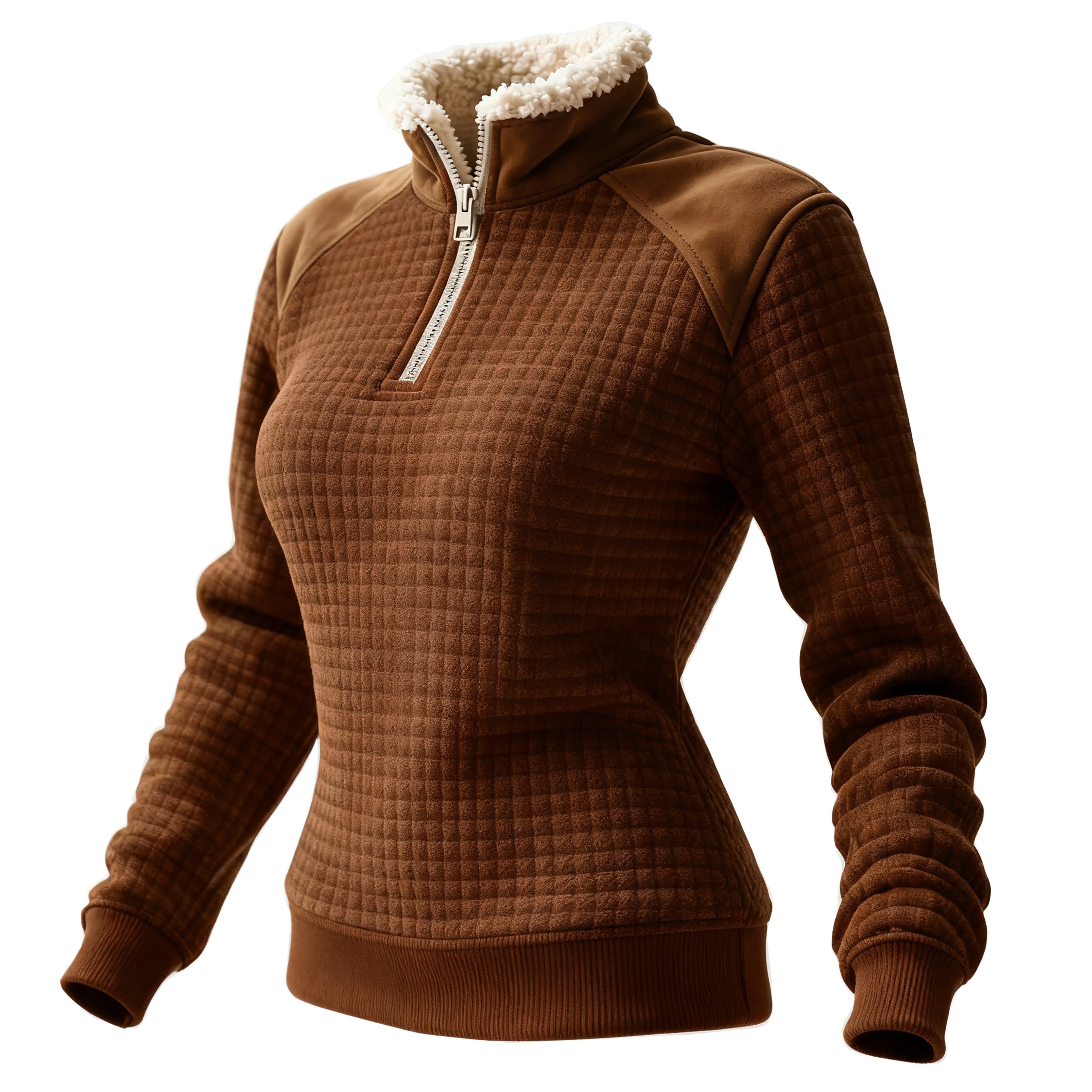Women's Retro Western Style Waffle Contrast Suede Fleece Collar Stand Collar Sweatshirt