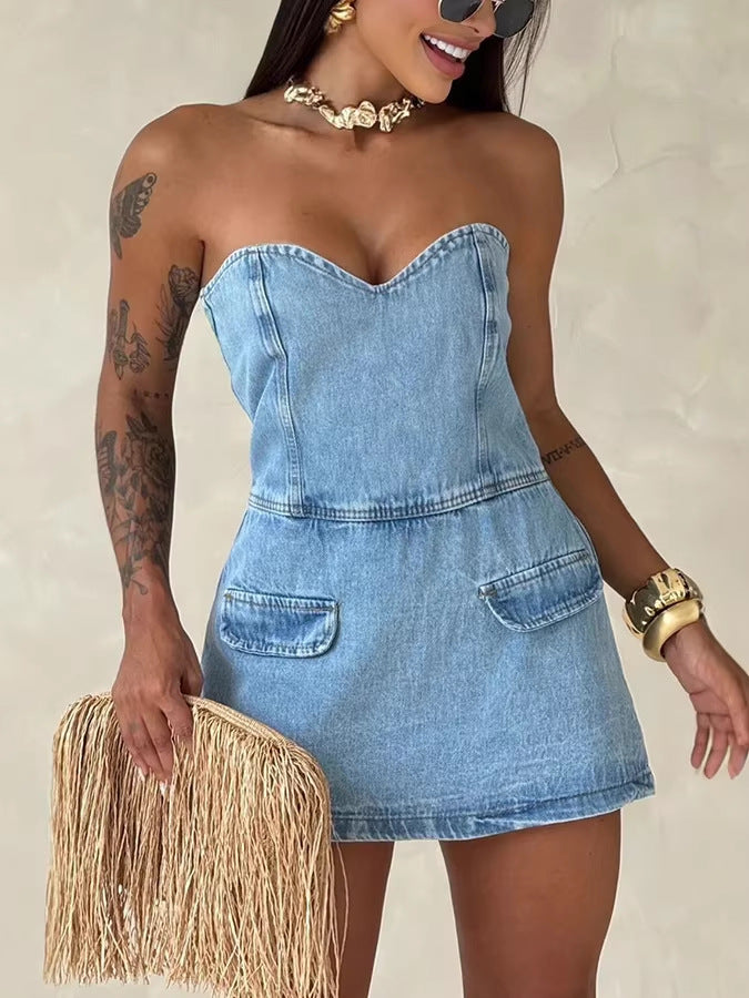 Avantie Denim Off Shoulder Back Smocked Zipper Romper