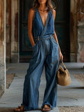 Women's V-Neck Retro Belt Wide-Leg Denim Jumpsuit