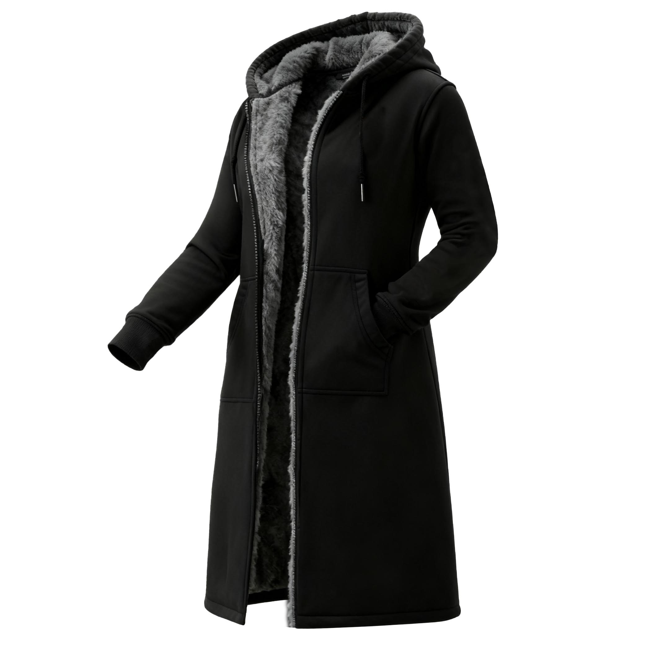Women's Vintage Fleece Pocket Full Zip Long Sleeve Hoodie Long Coat
