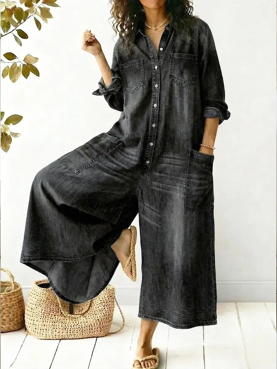 Women's Denim Jumpsuit Long Sleeve Button Front Wide Leg
