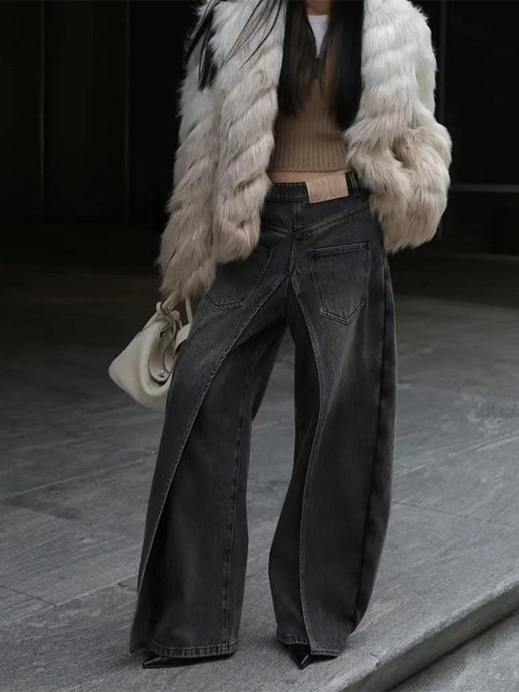 Front And Back Wear Washed Loose Wide Leg Jeans