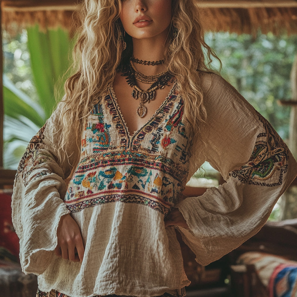 Bohemian Resort Vintage Linen Print Casual Long Sleeve Top