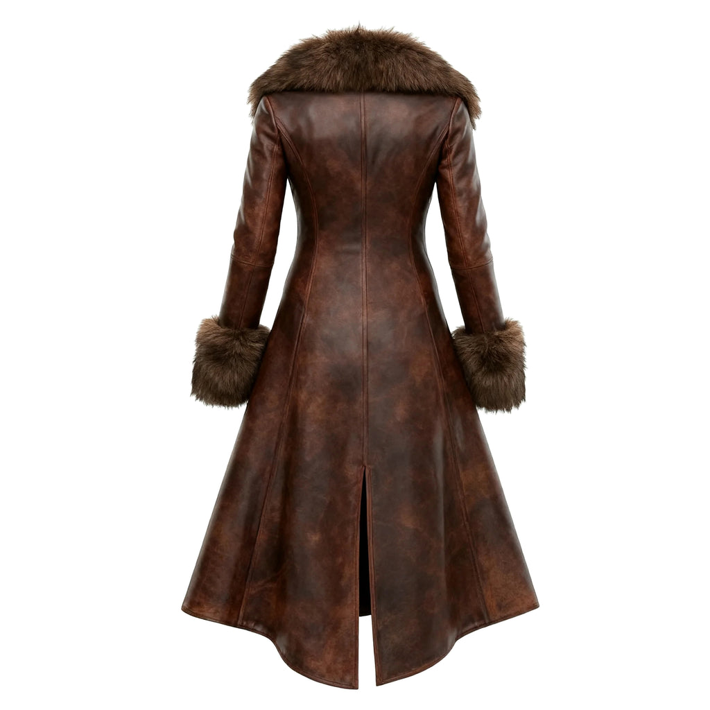 Women's Retro Style Leather Irregular Design Double-Breasted Mid-Length Coat Fur Collar Lapel Jacket Coat