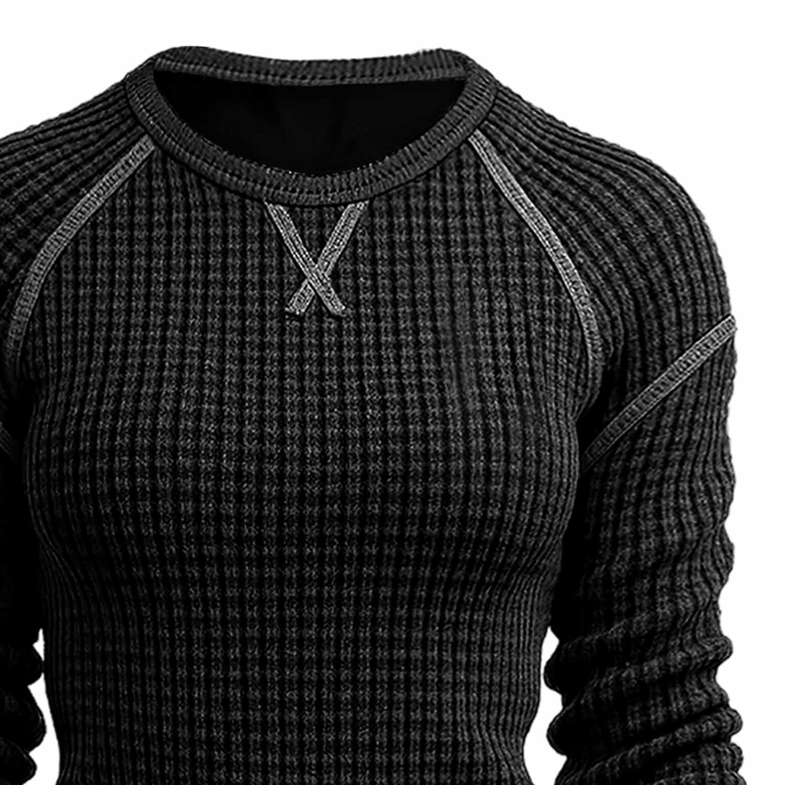 Women's Vintage Black Waffle Knit Crewneck Long Sleeve Sweatshirt