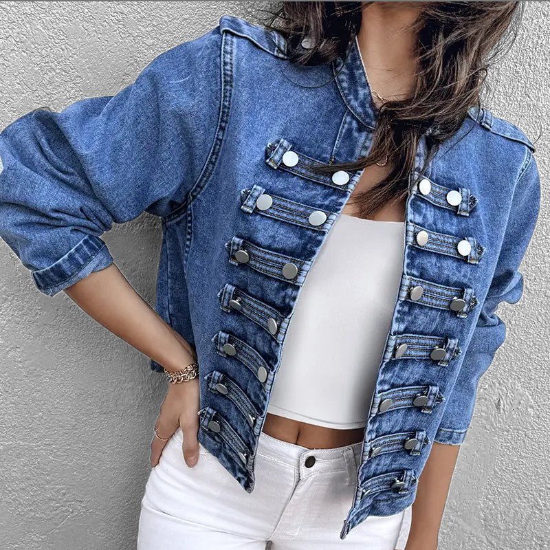 Women's Stand Collar Long Sleeve Metal Buttons Denim Jacket