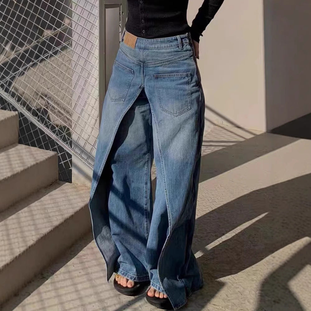 Front And Back Wear Washed Loose Wide Leg Jeans