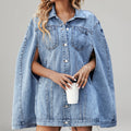 Women's Fashion Shirt Collar Cape Sleeve Pockets Buttons Denim Jacket