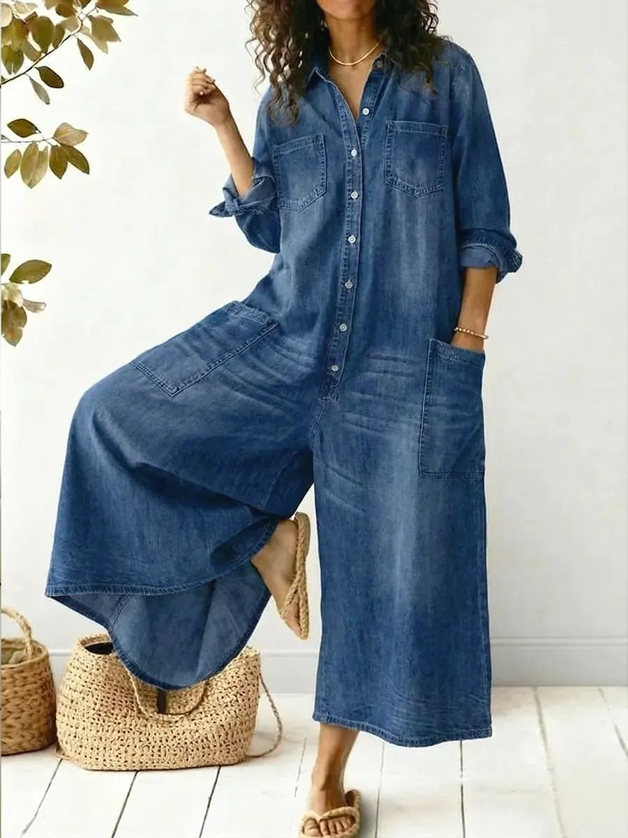 Women's Denim Jumpsuit Long Sleeve Button Front Wide Leg