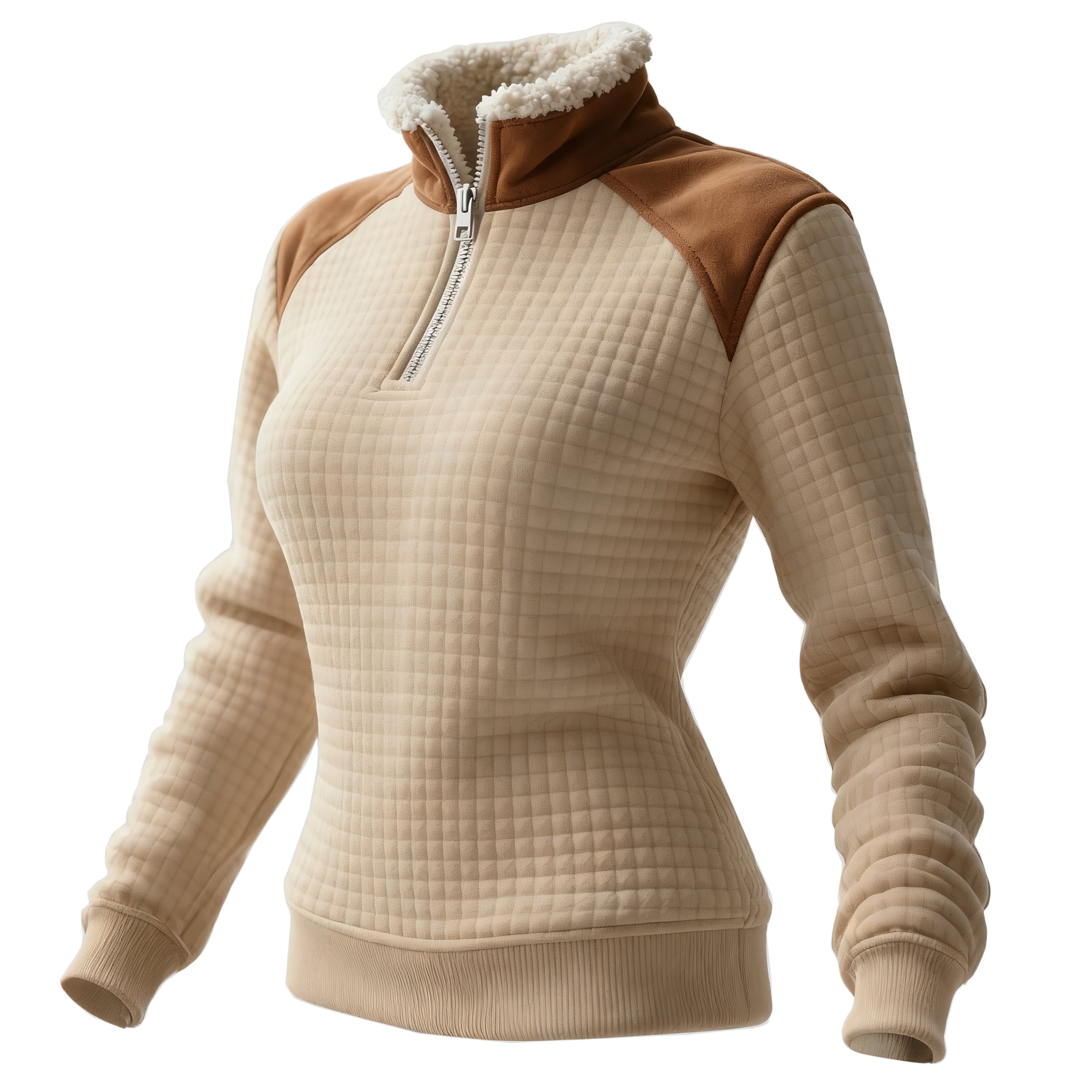 Women's Retro Western Style Waffle Contrast Suede Fleece Collar Stand Collar Sweatshirt