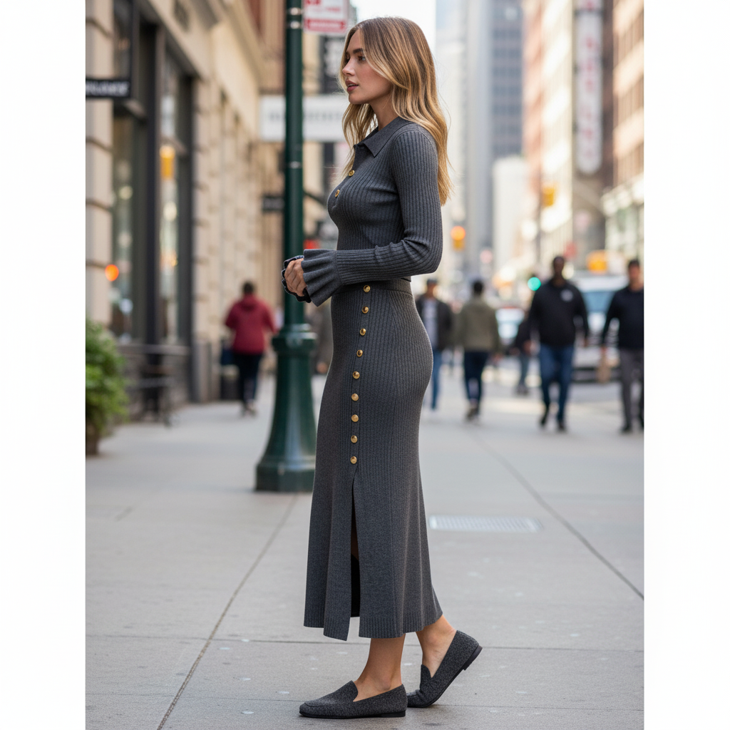 Women's High-Waisted Gray Side Slit Knitted Midi Skirt With Gold Buttons
