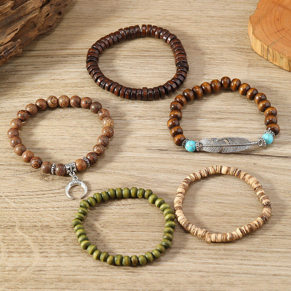 Unisex Simple Fashion Bohemian Style Feather Crescent Wood Beaded Bracelet Hand Jewelry