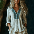 Women's Linen Ethnic Patchwork Long-sleeved Breathable Shirt