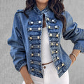 Women's Stand Collar Long Sleeve Metal Buttons Denim Jacket