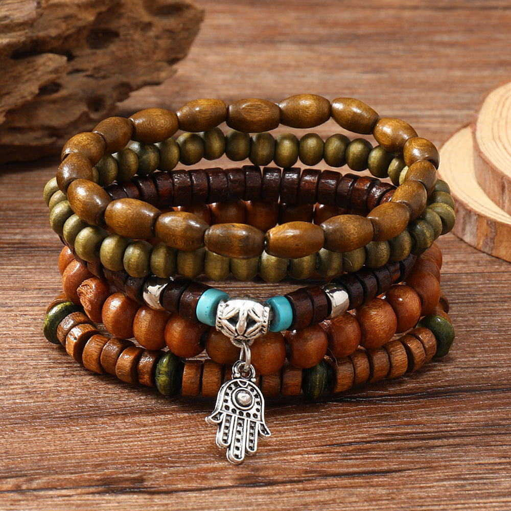 Unisex Vintage Hand Of Fatima Pendant Wooden Bead N