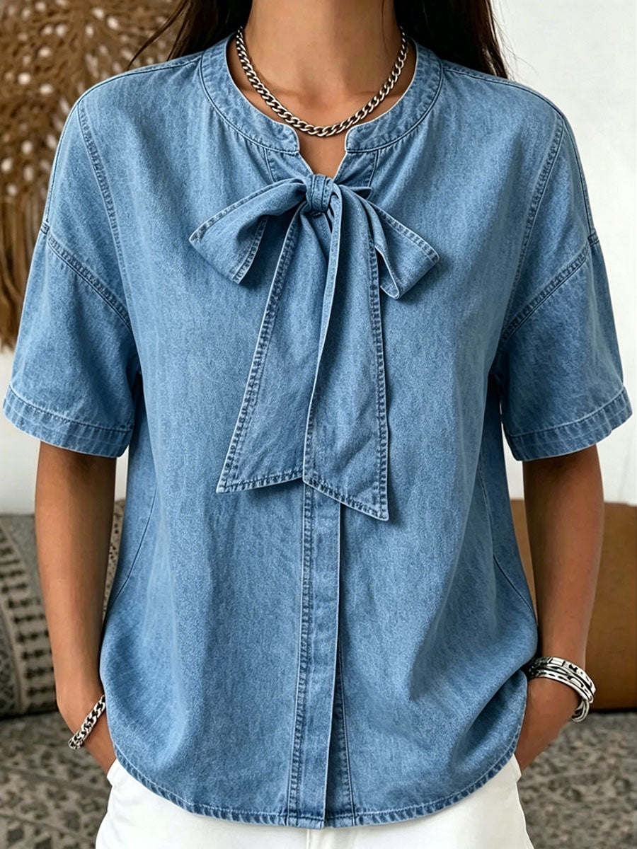 Women's Cozy Minimalist Solid-color 100% Cotton Lace-up Denim Shirt