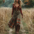 Retro V-neck Plaid Women's Long-sleeved Long Skirt Country Pastoral Retro Dress