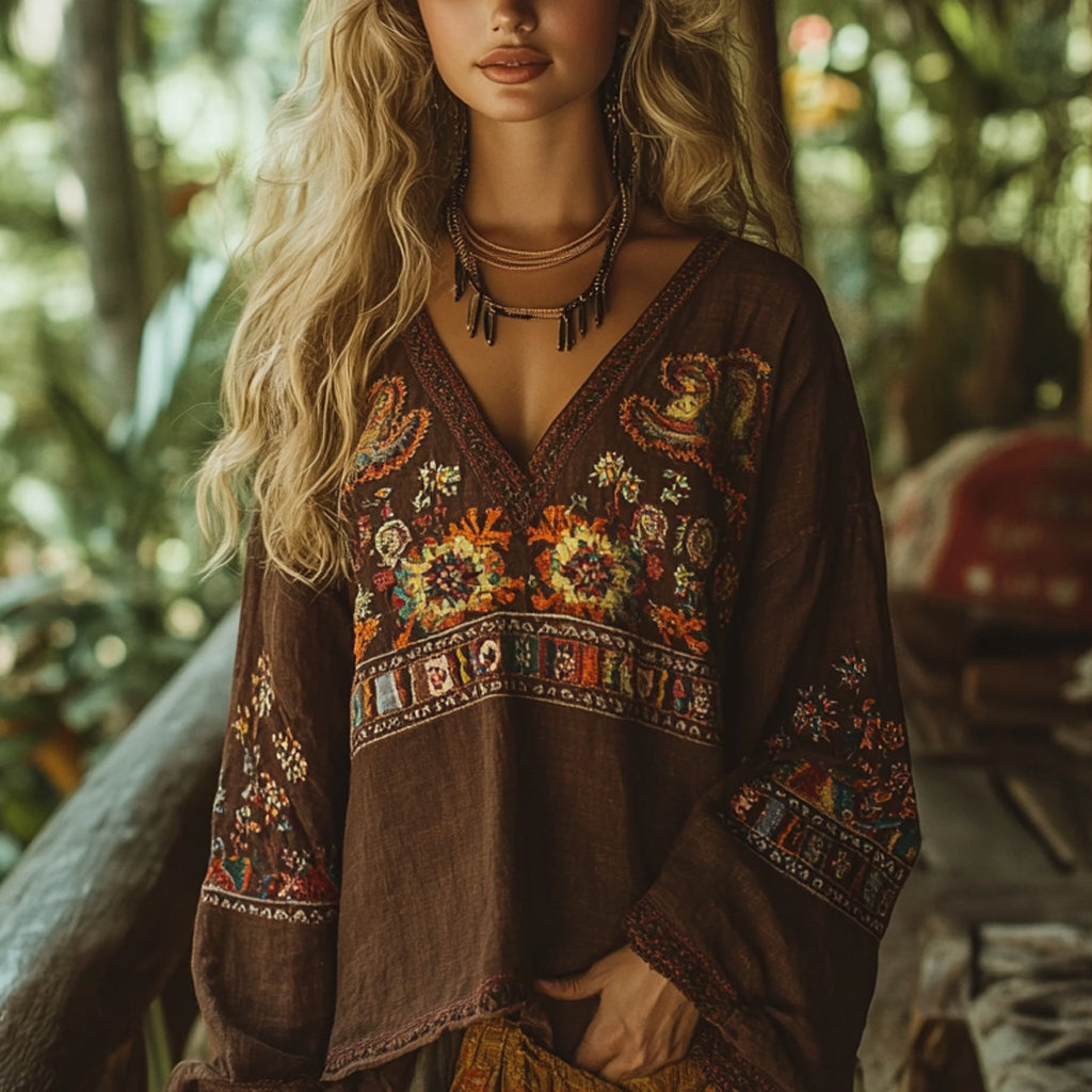 Bohemian Resort Vintage Linen Print Casual Long Sleeve Top