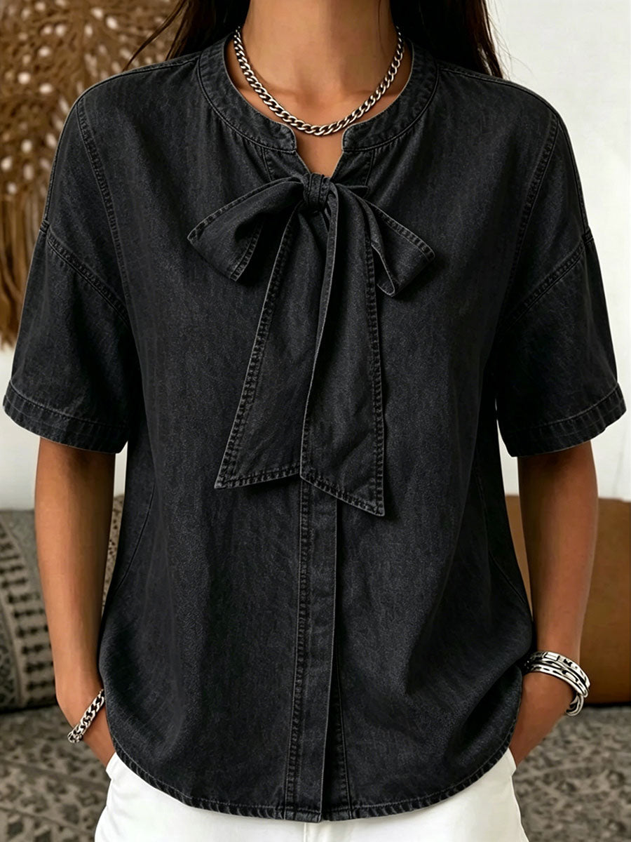 Women's Cozy Minimalist Solid-color 100% Cotton Lace-up Denim Shirt