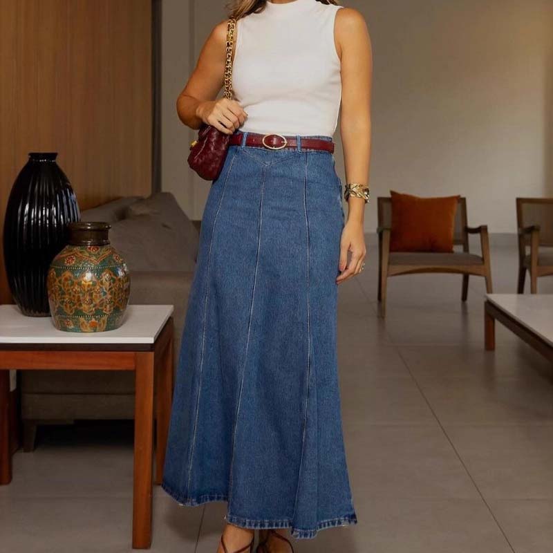 Women's High-Waist A-Line Denim Maxi Skirt💞