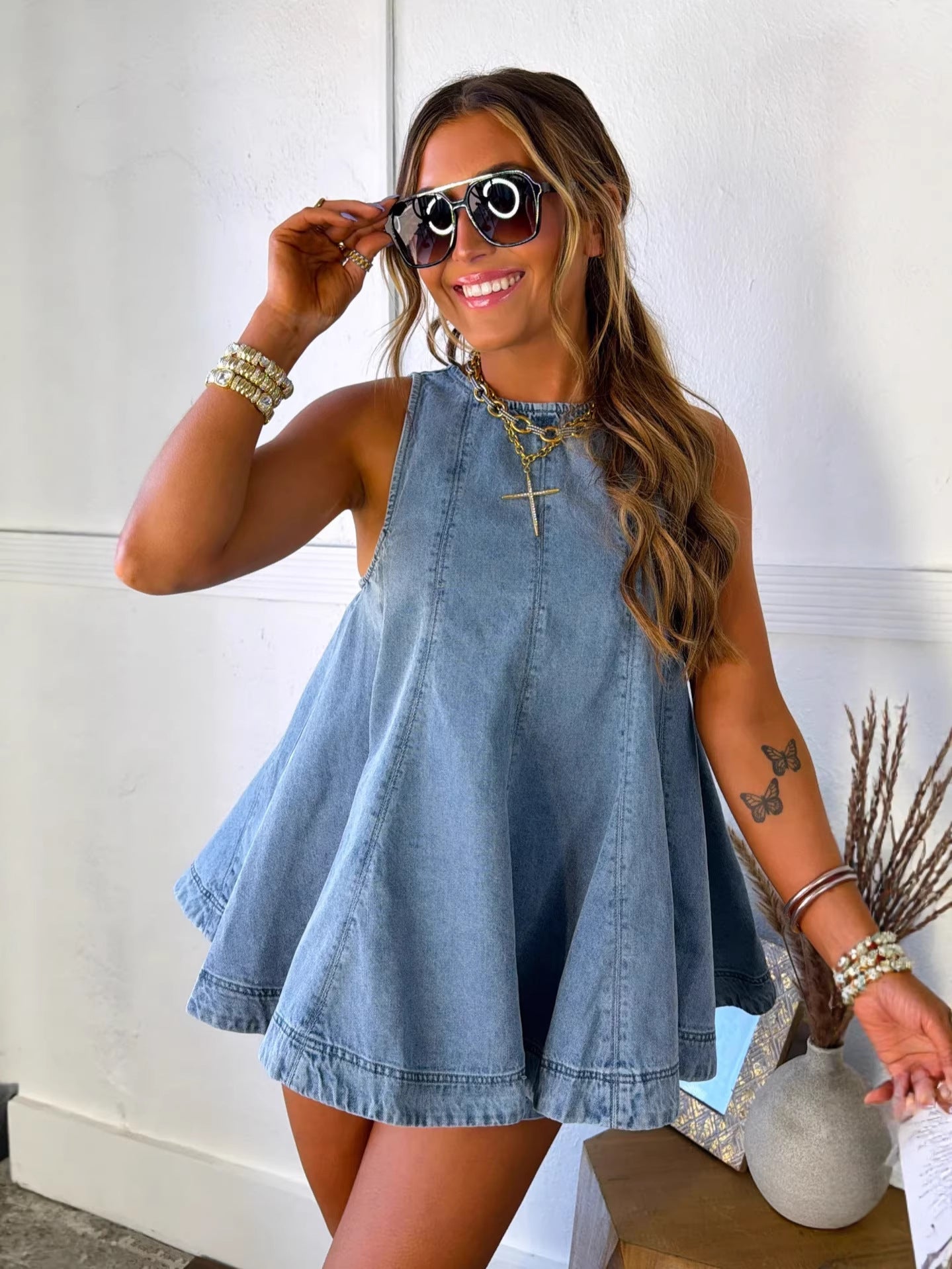 Adventure Awaits Denim Vertical Seam Sleeveless Flare Hem Top and Elastic Waist Pocket Shorts Set