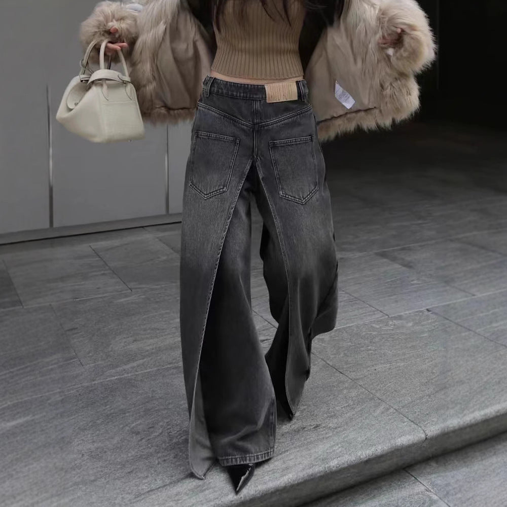 Front And Back Wear Washed Loose Wide Leg Jeans