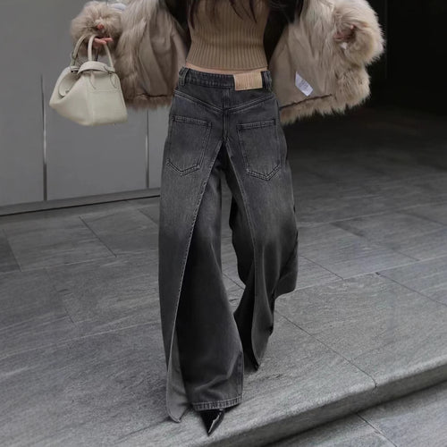 Front And Back Wear Washed Loose Wide Leg Jeans