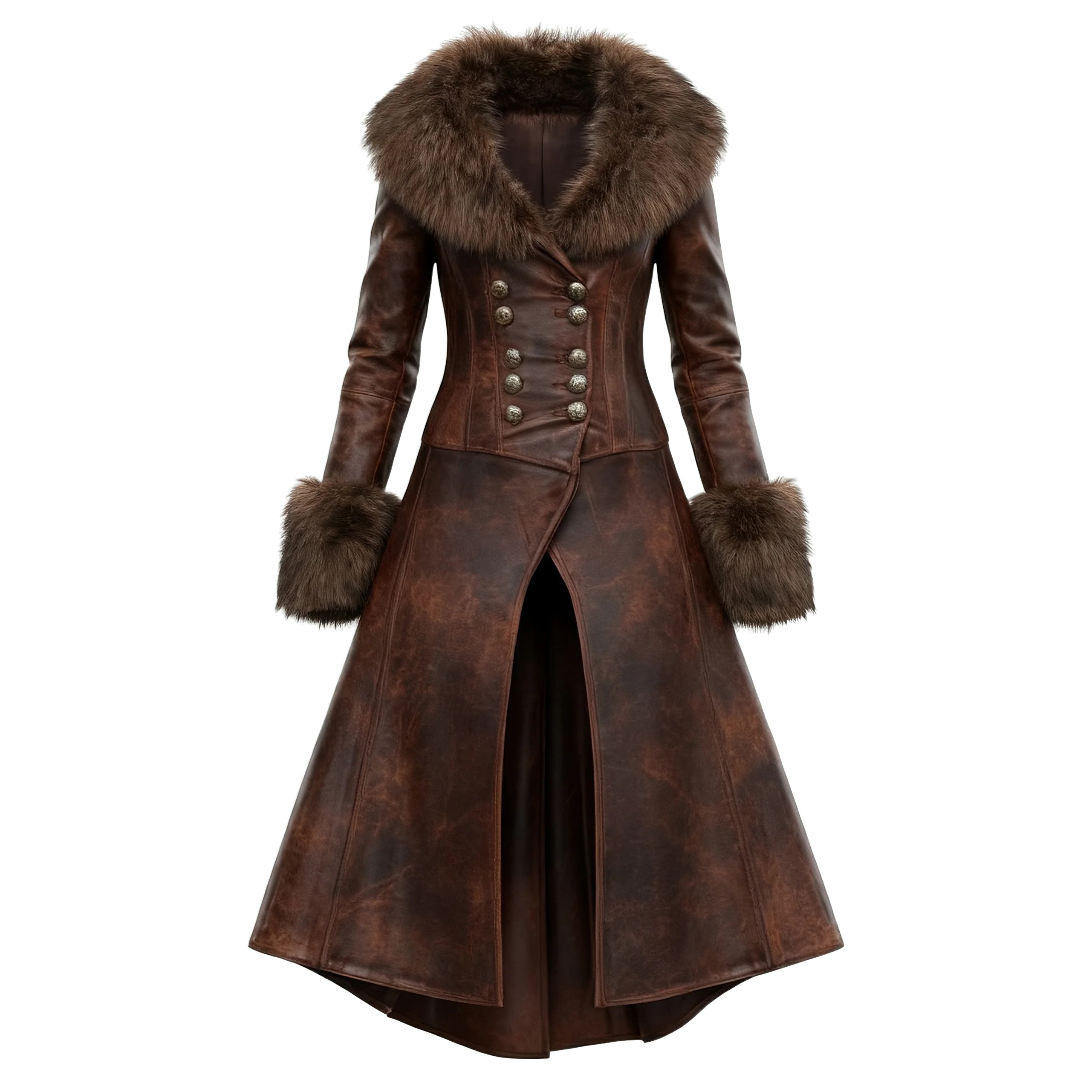 Women's Retro Style Leather Irregular Design Double-Breasted Mid-Length Coat Fur Collar Lapel Jacket Coat