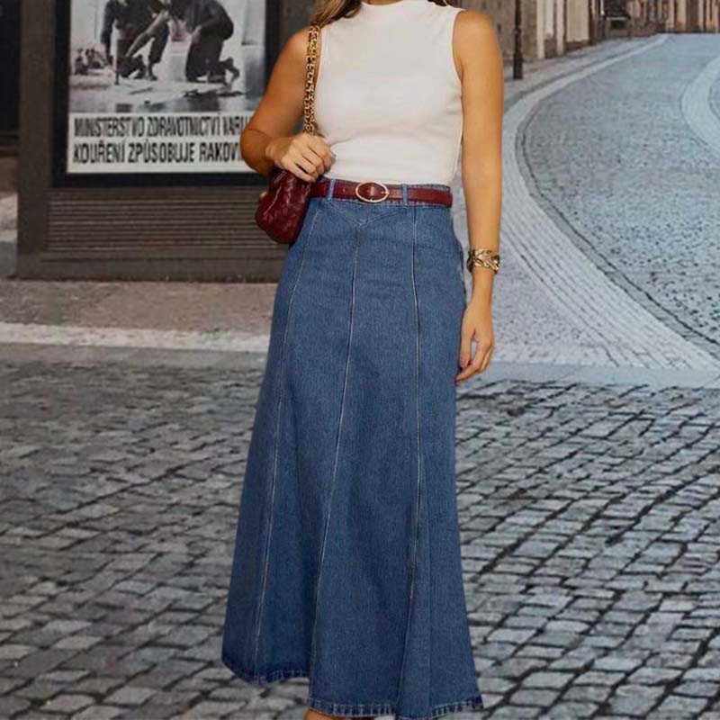 Women's High-Waist A-Line Denim Maxi Skirt💞