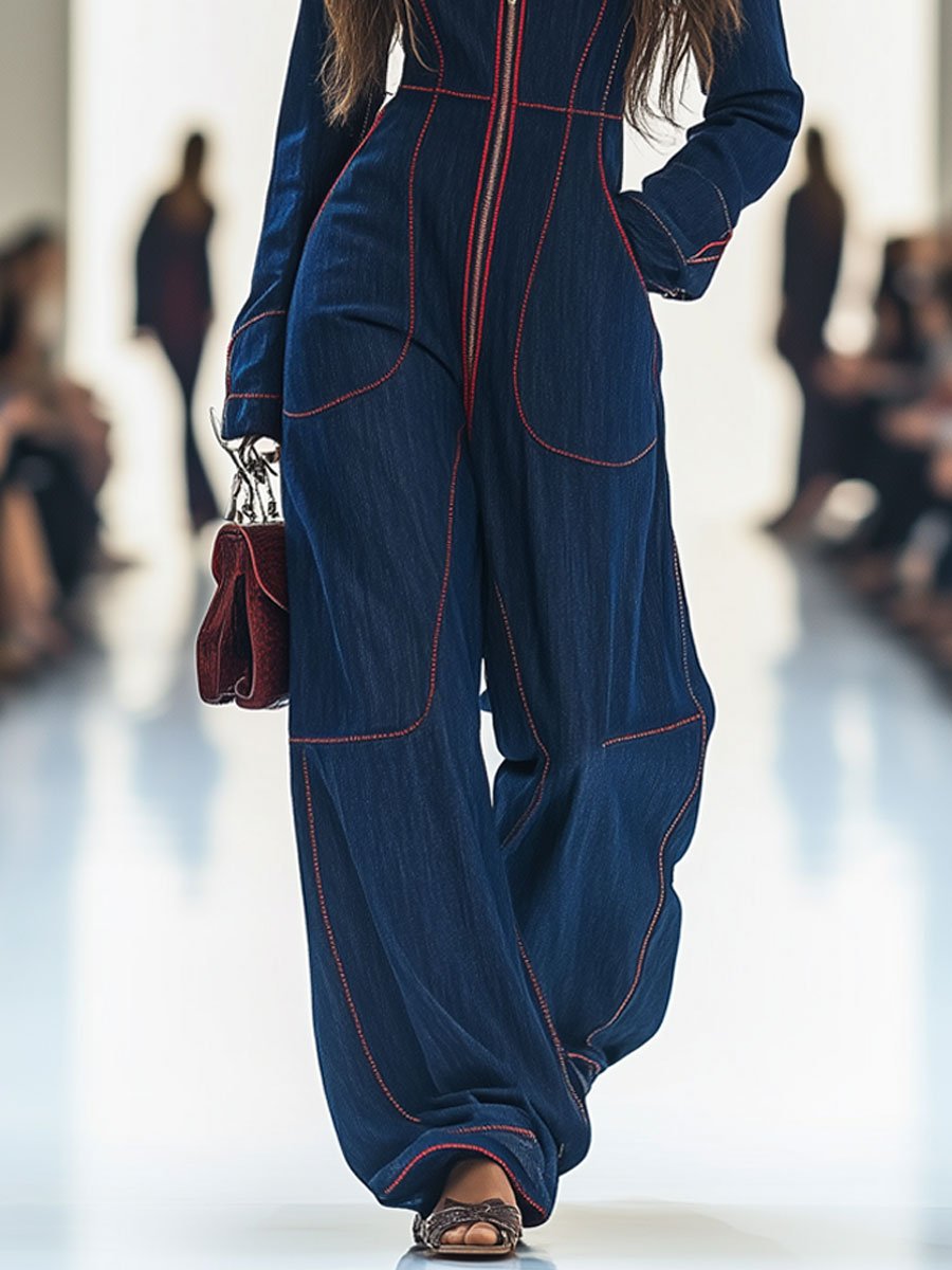 Women's Lapel Retro Zipper Pocket Long-Sleeved Wide-Leg Denim Jumpsuit