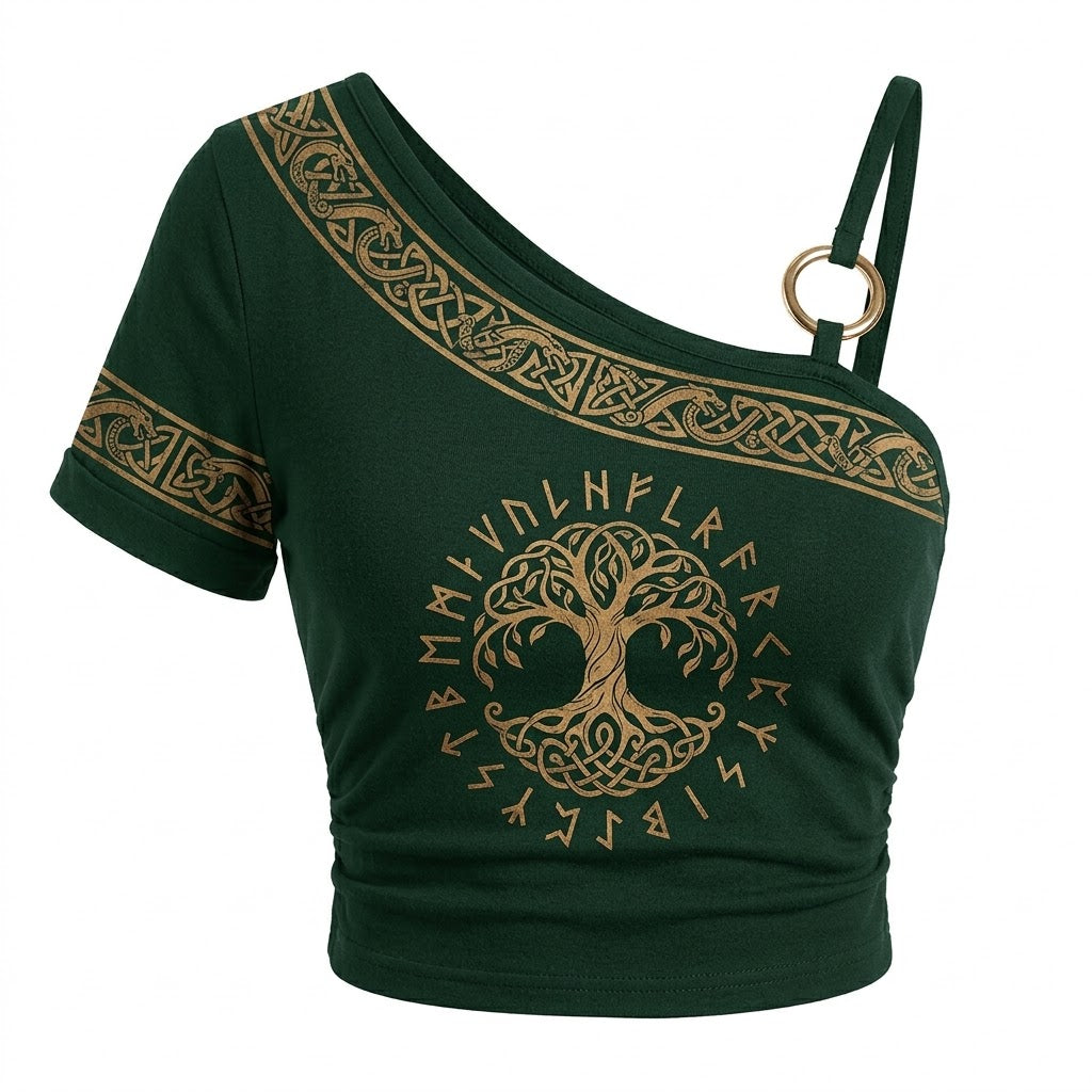Women's Viking-Print One-Shoulder Cropped Cami T-Shirt