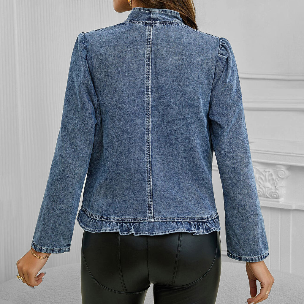 Women's Casual Ruffled Open Front Long Sleeve Denim Cropped Jacket
