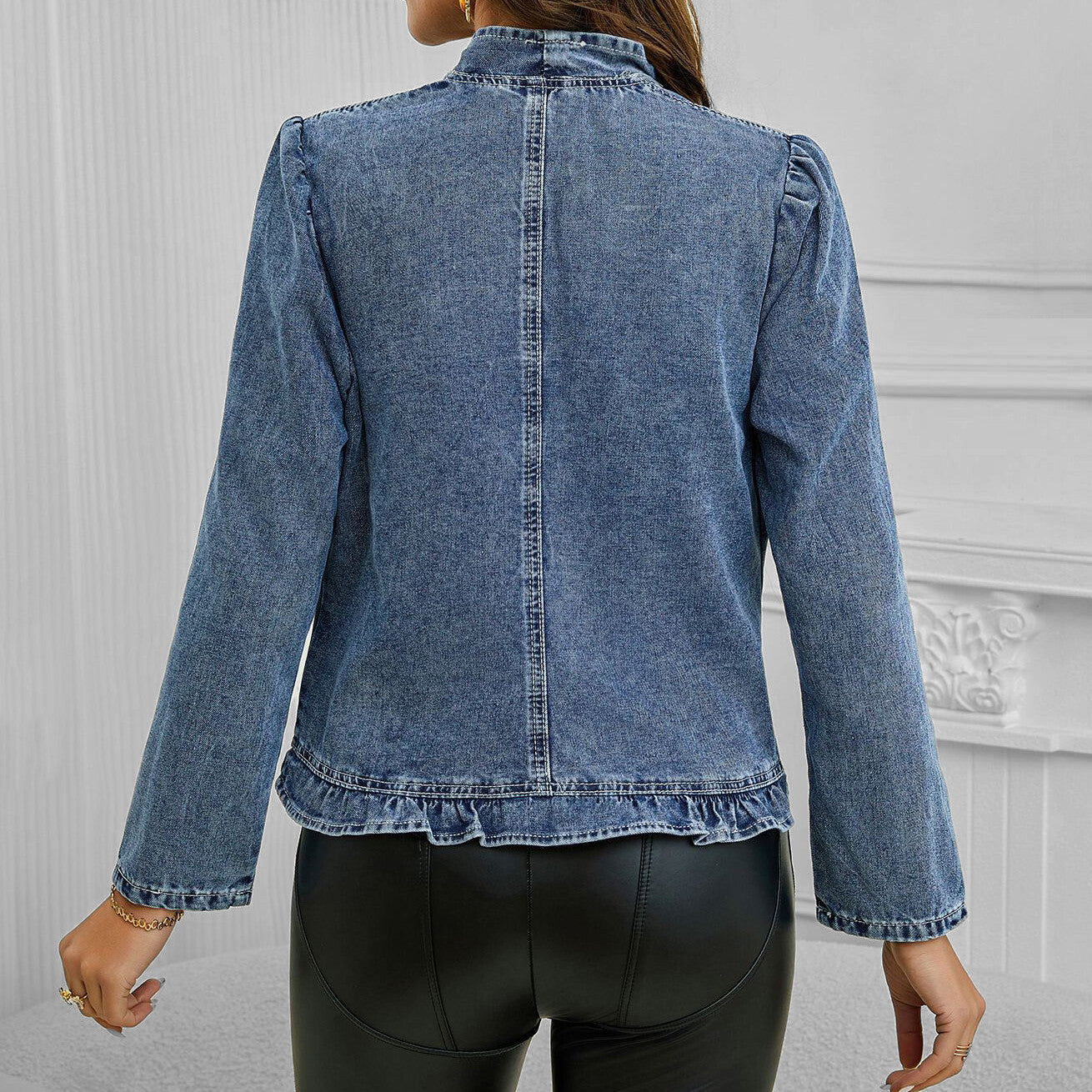 Women's Casual Ruffled Open Front Long Sleeve Denim Cropped Jacket