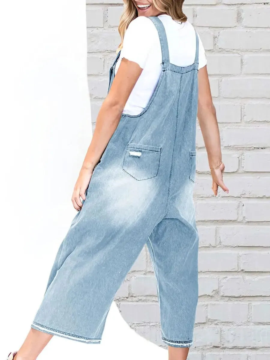 Women's Retro Distressed Loose Wide-leg Denim Jumpsuit