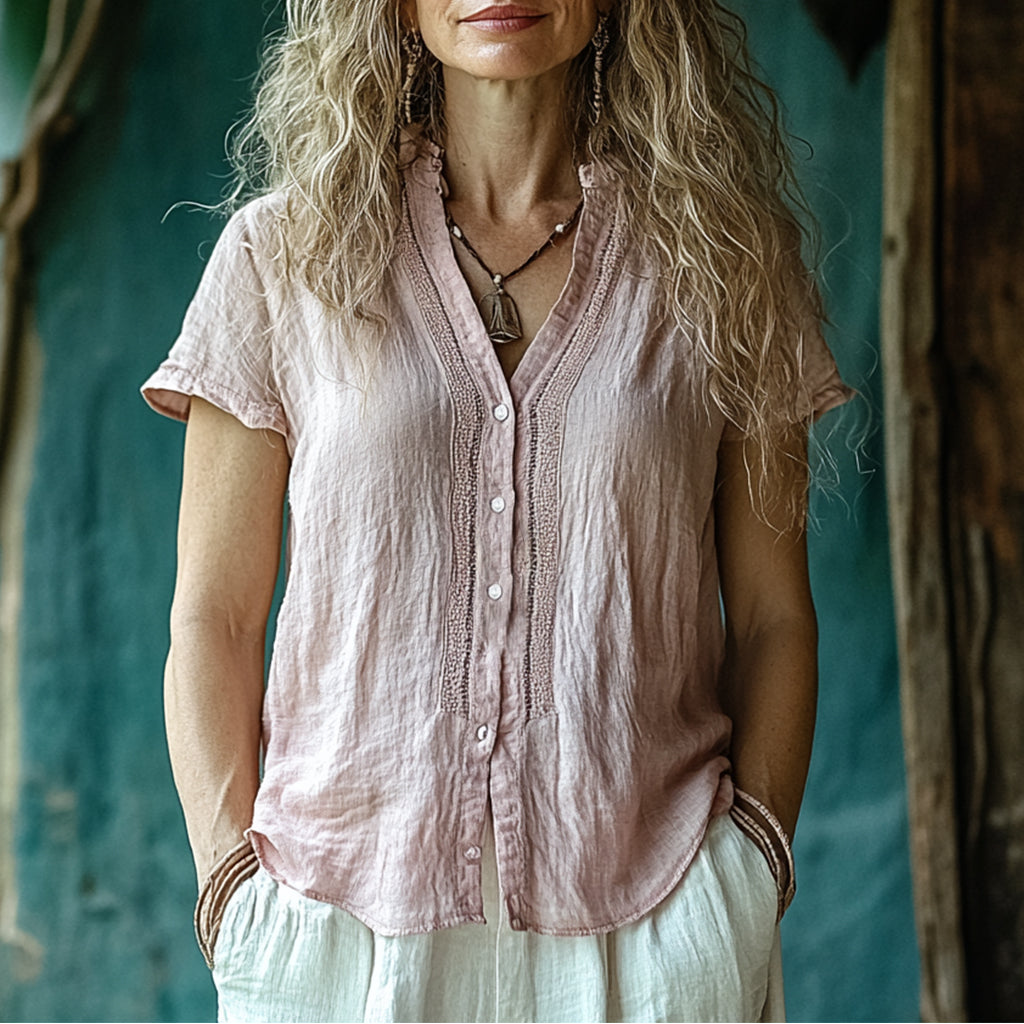 Women's Bohemian Plainr Linen Casual Short-sleeved Shirt