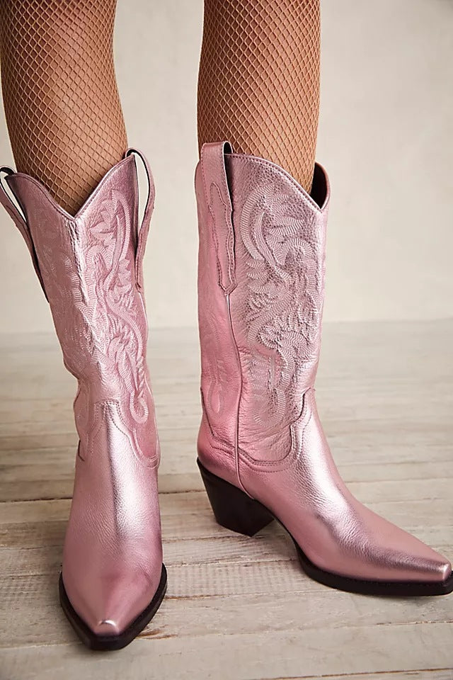 Women's Embroidered Pointed Toe Thick Heel Western Boots