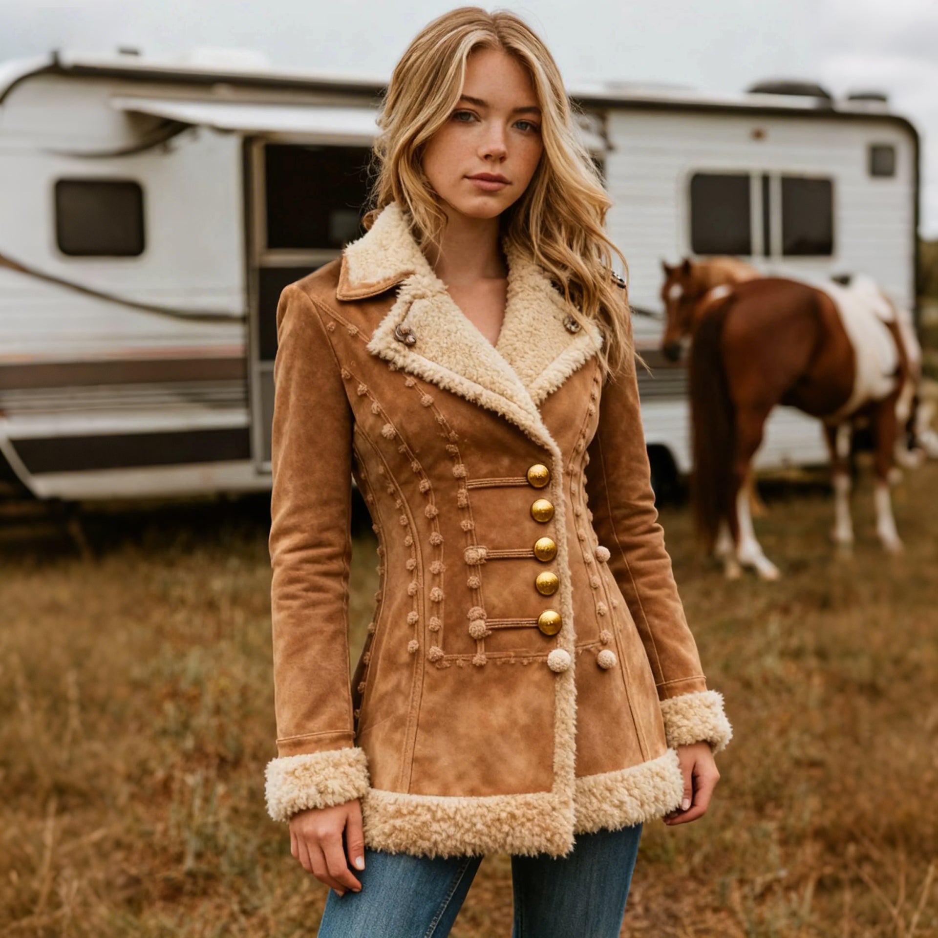 Women's Vintage Button-Down Lambswool Lapel Mid-Length Jacket Top