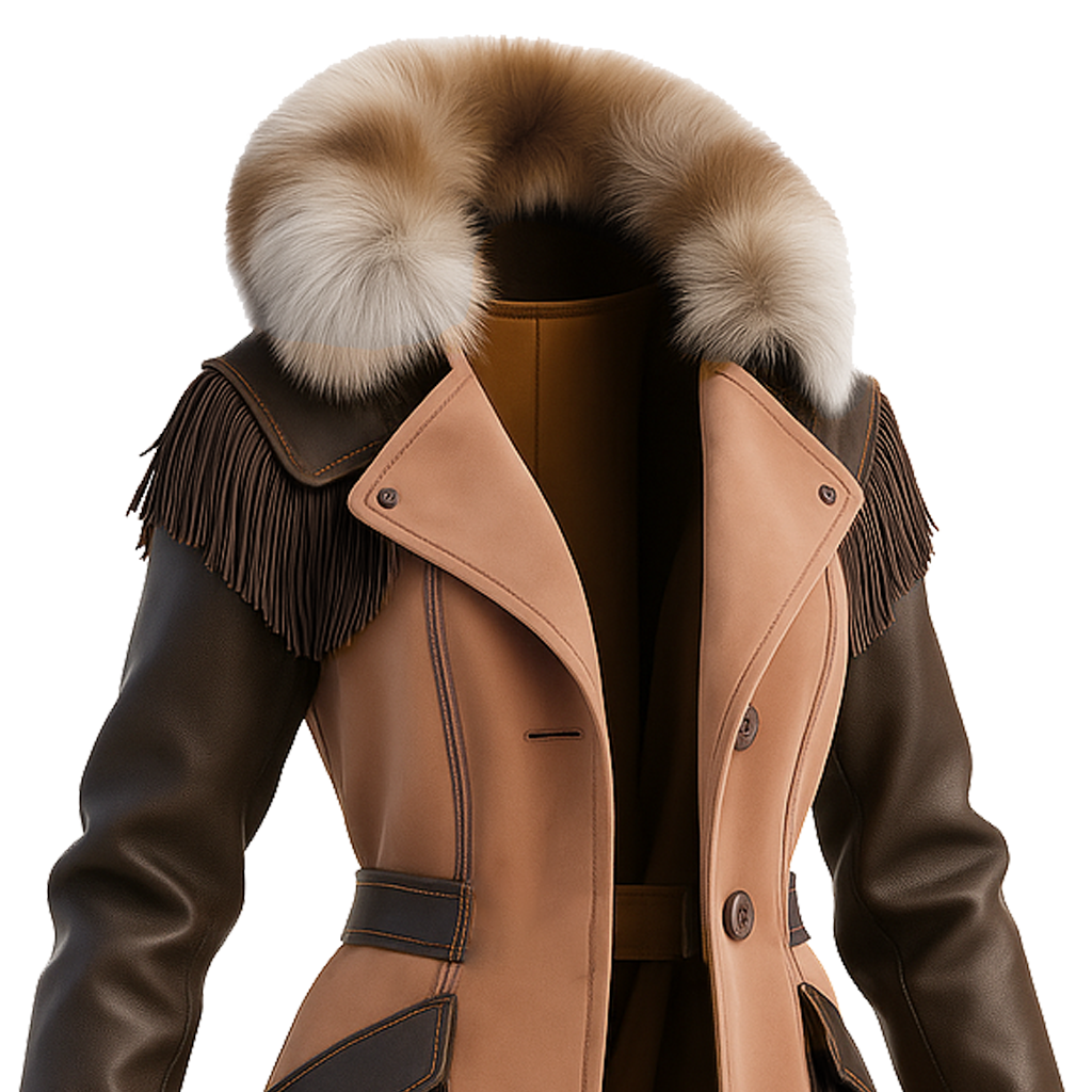 Vintage Leather Coat With Fur Collar And Fringe Details