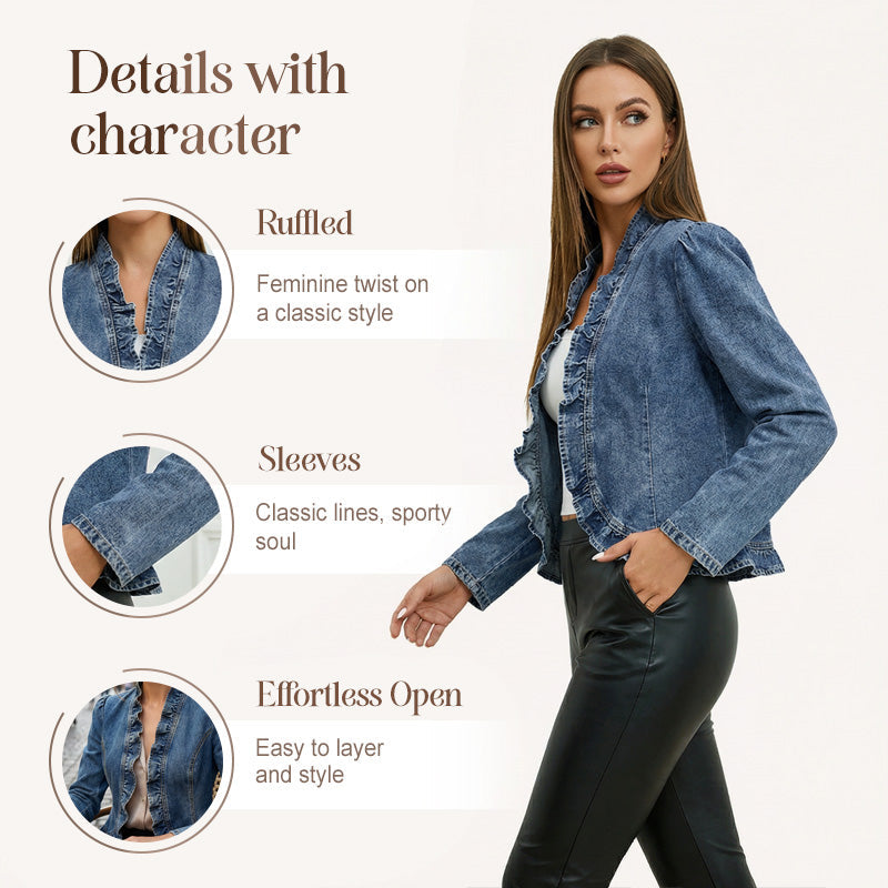 Women's Ruffle Trim Open-Front Denim Jacket – Lightweight, feminine & versatile – chic for any outfit 👗