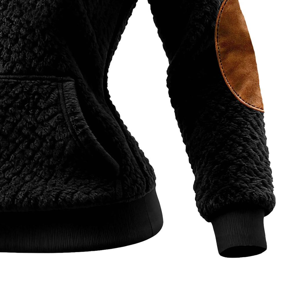 Women's Vintage Black Polar Fleece Panel Suede Pocket Hoodie