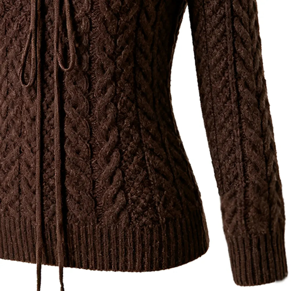 Women's Vintage Cable Knit Sweater With Lace-Up Front Brown