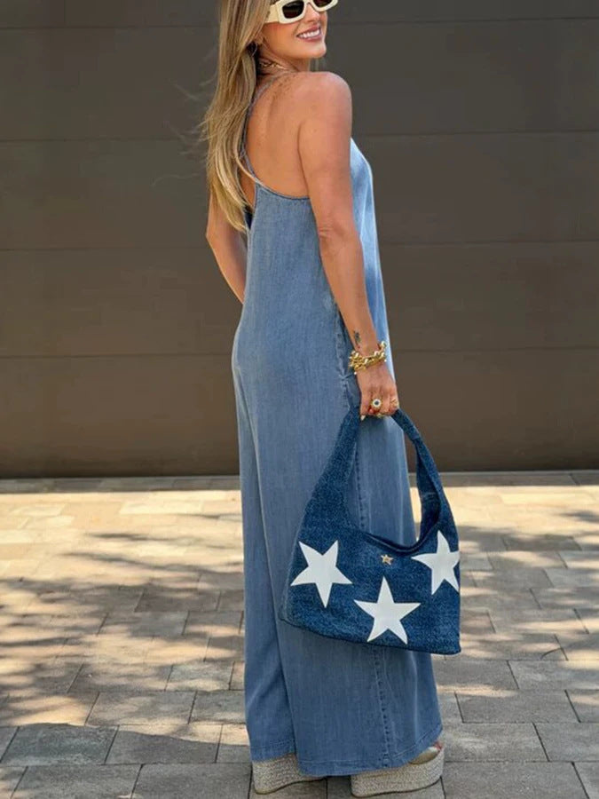 Favorite Fit Denim Back Cross Slip Pocket Wide Leg Jumpsuit