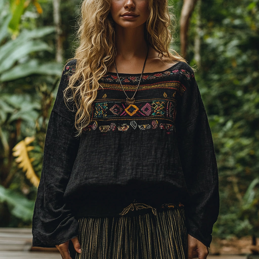 Bohemian Resort Vintage Linen Print Casual Long Sleeve Top