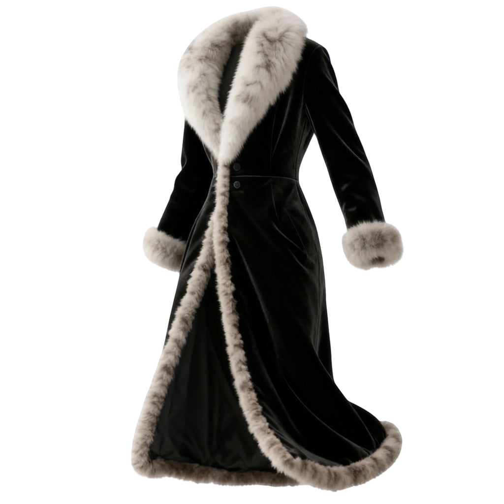 Women's Retro Velvet Fur Collar Long Coat With Side