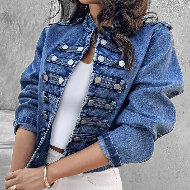 Women's Stand Collar Long Sleeve Metal Buttons Denim Jacket