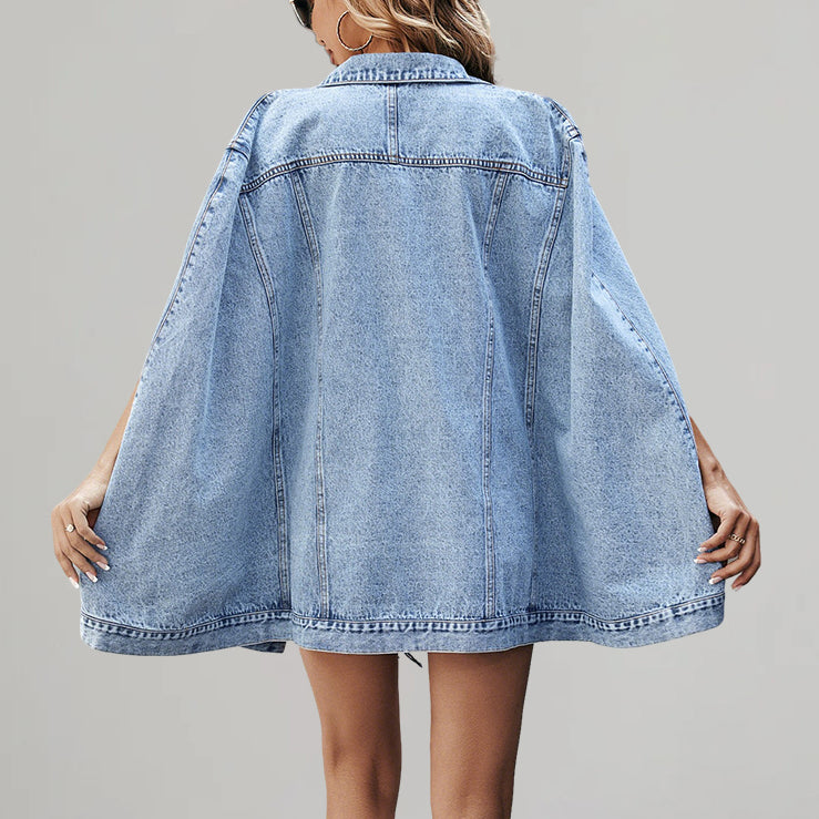 Women's Fashion Shirt Collar Cape Sleeve Pockets Buttons Denim Jacket
