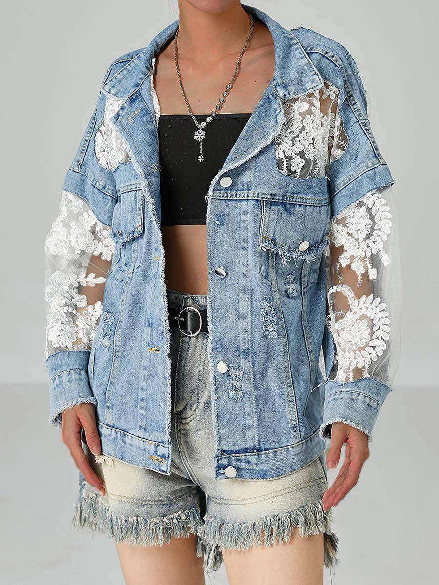 Women's Art Casual Stylish Spliced Lace Denim Long Sleeve Shirt