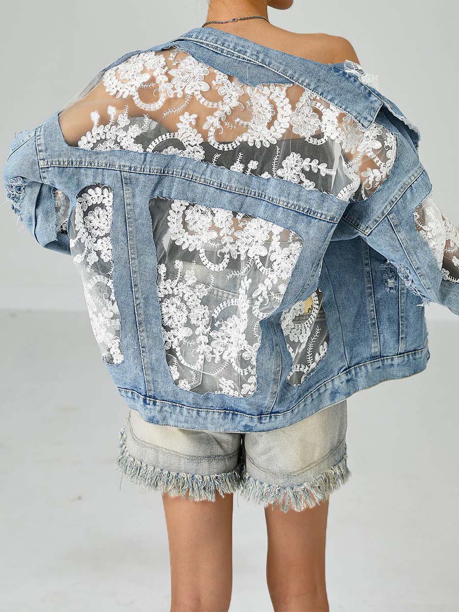 Women's Art Casual Stylish Spliced Lace Denim Long Sleeve Shirt
