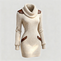 Women's Vintage Cream High Neck Knitted Dress With Leather Accents