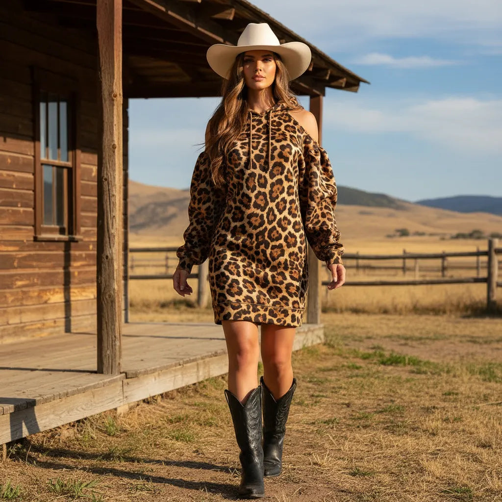 Women's Vintage Leopard Print Off-Shoulder Hoodie Dress